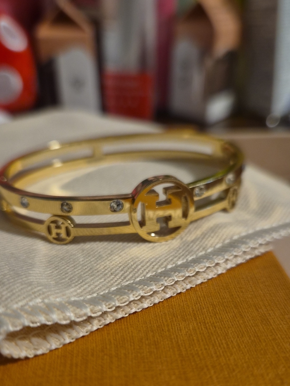 H Initial Open Bangle Bracelet (Gold Tone Stainless Steel) Tarnish Free